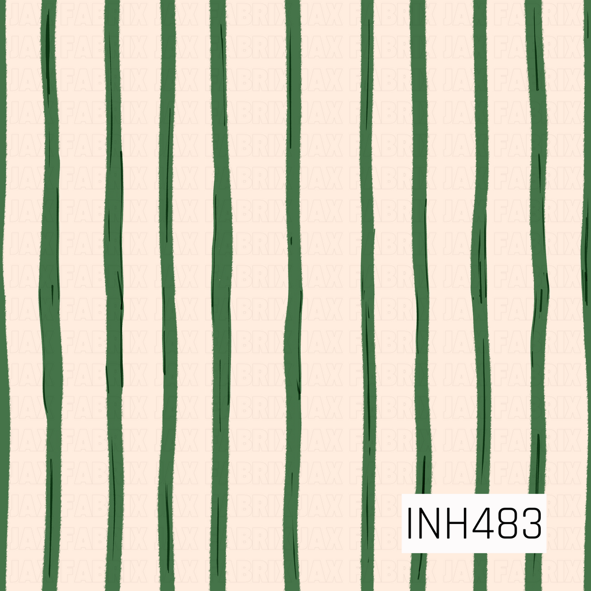 A hand-drawn vertical stripe pattern featuring irregular forest green lines against a soft warm cream background. The varying widths, slightly wavy edges, and subtle sketch-like details give the classic stripe a relaxed, organic feel with a rustic vintage charm.