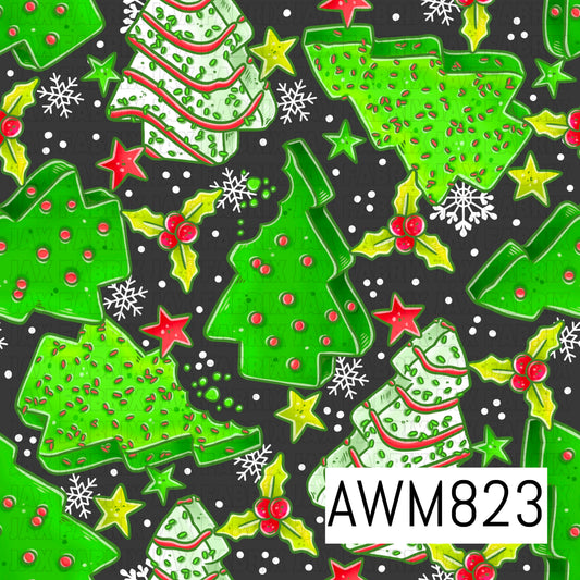 A festive Christmas seamless pattern featuring decorated Christmas tree-shaped cookies in vibrant shades of green and white, accented with colorful sprinkles, holly, stars, and snowflakes. Set against a charcoal gray background with scattered white dots, this playful holiday design combines bright seasonal colors with a fun, cookie-inspired aesthetic.