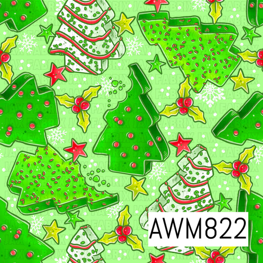 A festive Christmas seamless pattern featuring decorated Christmas tree-shaped cookies in vibrant shades of green and white, accented with colorful sprinkles, holly, stars, and snowflakes. Set against a soft mint green background with scattered white dots, this cheerful holiday design combines bright seasonal colors with a fun, cookie-inspired aesthetic.