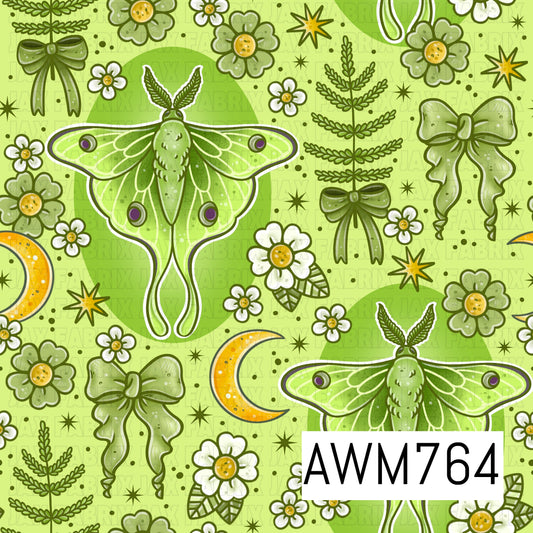 A charming seamless pattern featuring luna moths, dainty white and olive green flowers, leafy sprigs, flowing bows, crescent moons, and twinkling stars in soft shades of green, white, and golden yellow, all set against a light lime green background. The whimsical botanical artwork creates a fresh, dreamy design with a magical woodland feel.