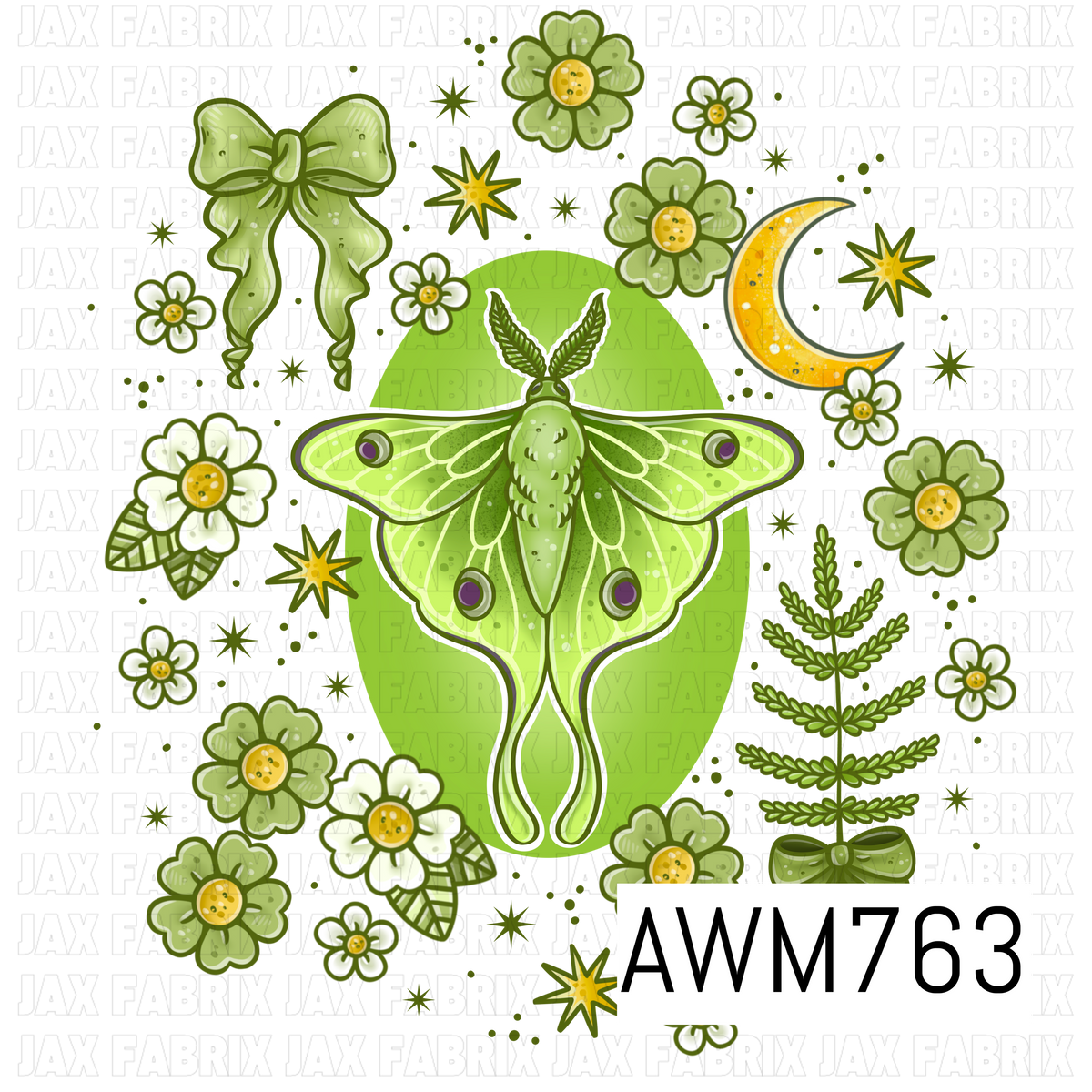 A whimsical PNG featuring a vibrant luna moth surrounded by flowing bows, dainty flowers, leafy sprigs, crescent moons, and twinkling stars in soft shades of green, white, and golden yellow. Perfect for custom apparel, bags, stickers, tumblers, journals, stationery, and other magical woodland-inspired handmade creations.