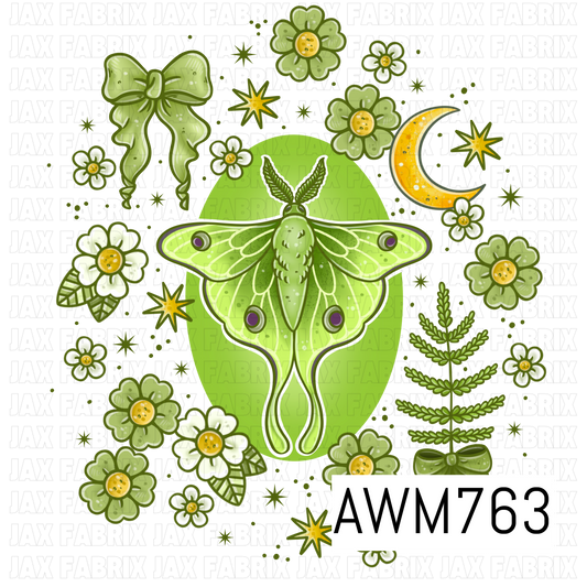 A whimsical PNG featuring a vibrant luna moth surrounded by flowing bows, dainty flowers, leafy sprigs, crescent moons, and twinkling stars in soft shades of green, white, and golden yellow. Perfect for custom apparel, bags, stickers, tumblers, journals, stationery, and other magical woodland-inspired handmade creations.