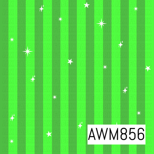 A bright coordinating design featuring vivid lime green vertical stripes with scattered white stars and sparkling accents. The playful color palette and whimsical celestial details create a magical, fantasy-inspired backdrop, making it a perfect coordinate print for enchanted, witchy, or storybook-themed collections.