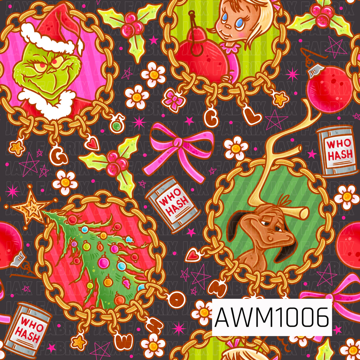 A playful retro holiday pattern featuring festive green characters, a little girl, a loyal dog, and a decorated Christmas tree framed in chunky gold charm-style chains. Bright pink bows, holly, red ornaments, daisies, “Who Hash” cans, and scattered stars pop against a dark charcoal background for a bold, colorful Christmas look.
