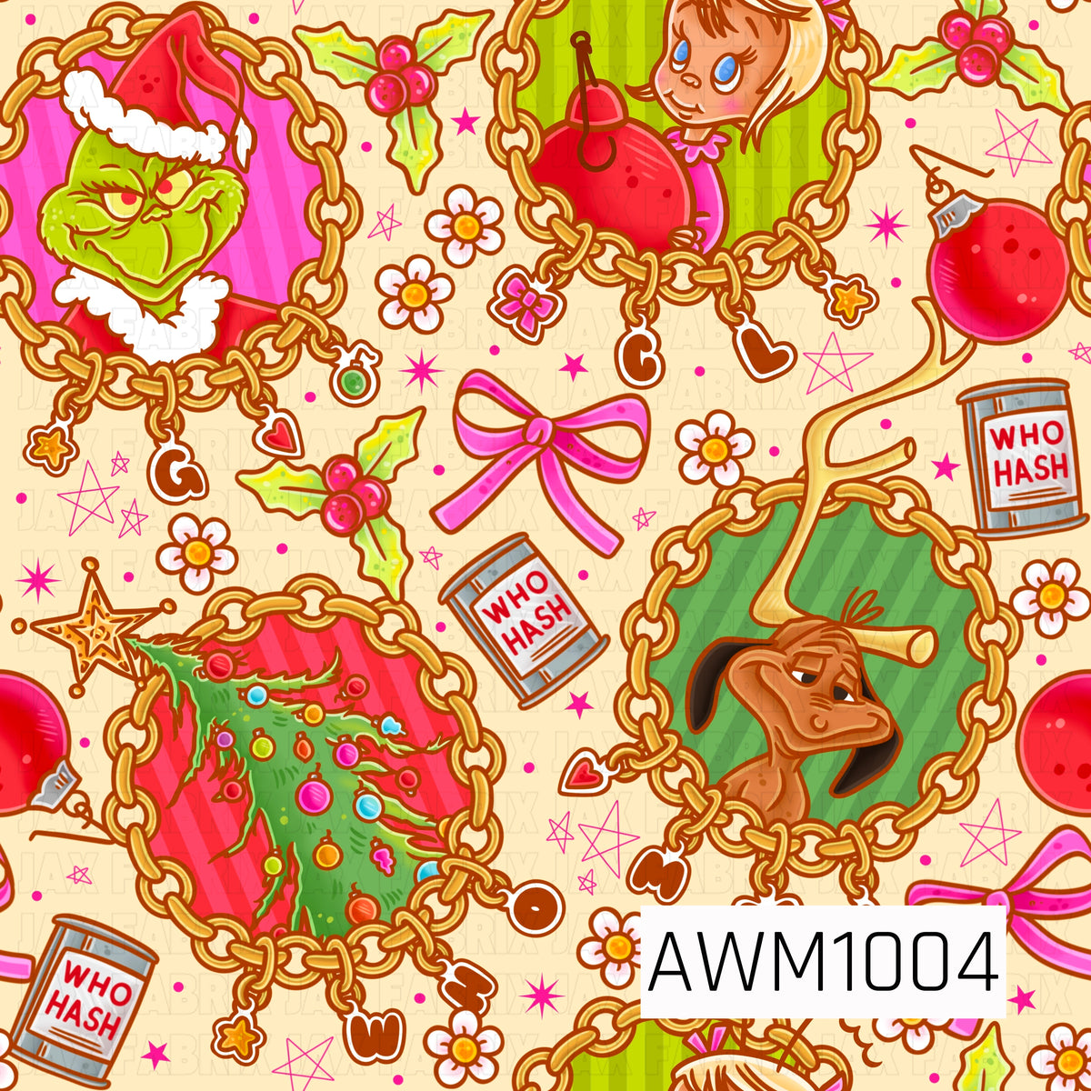 A playful retro holiday pattern featuring festive green characters, a little girl, and a loyal dog framed inside chunky gold charm-style chains. Pink bows, holly, ornaments, daisies, “Who Hash” cans, stars, and colorful Christmas details are scattered across a warm cream background for a fun, whimsical vintage-inspired look.
