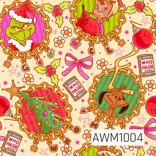 A playful retro holiday pattern featuring festive green characters, a little girl, and a loyal dog framed inside chunky gold charm-style chains. Pink bows, holly, ornaments, daisies, “Who Hash” cans, stars, and colorful Christmas details are scattered across a warm cream background for a fun, whimsical vintage-inspired look.
