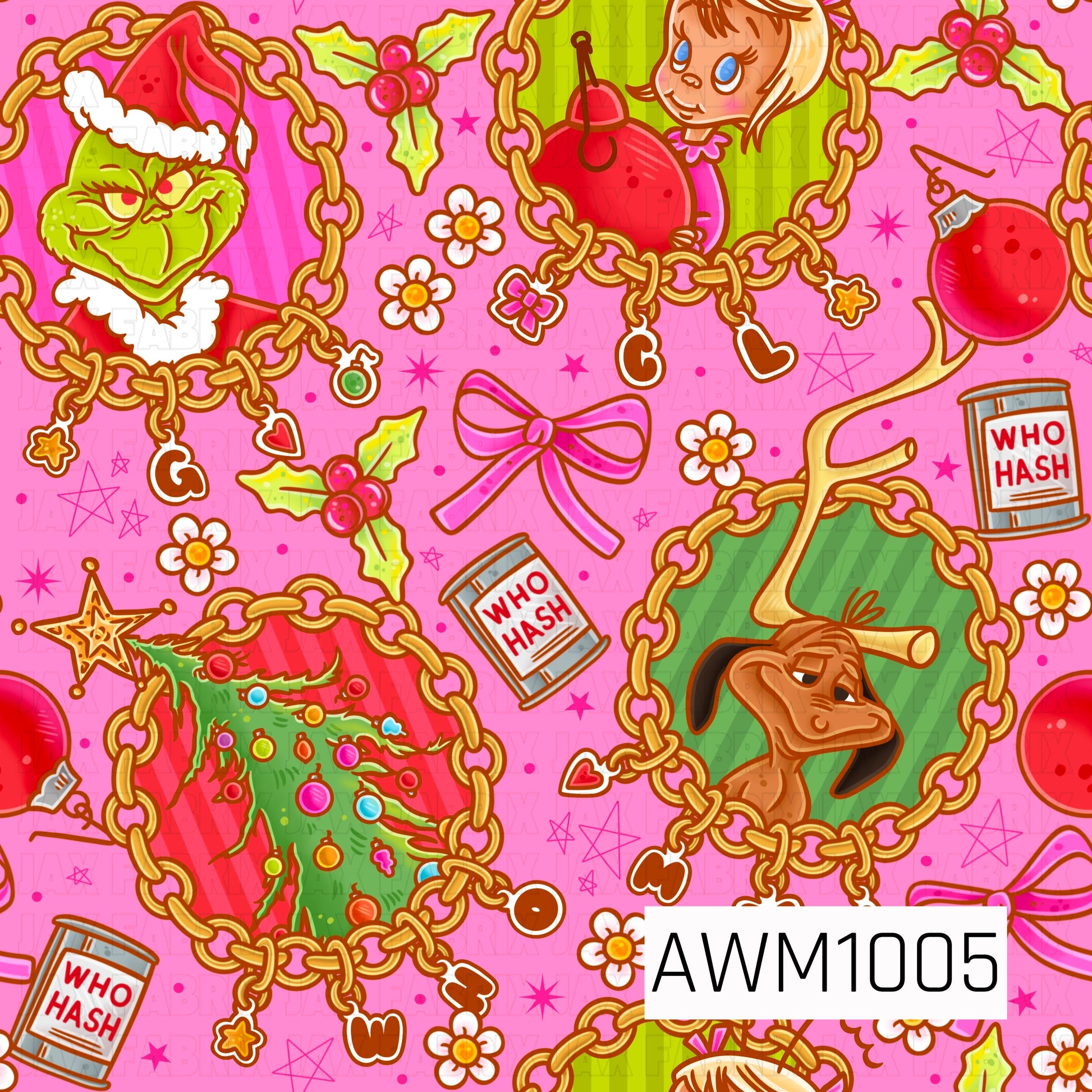A playful retro holiday pattern featuring festive green characters, a little girl, a loyal dog, and a decorated Christmas tree framed in chunky gold charm-style chains. Bright pink bows, holly, ornaments, daisies, “Who Hash” cans, and scattered stars fill the vibrant pink background for a fun, colorful Christmas look.
