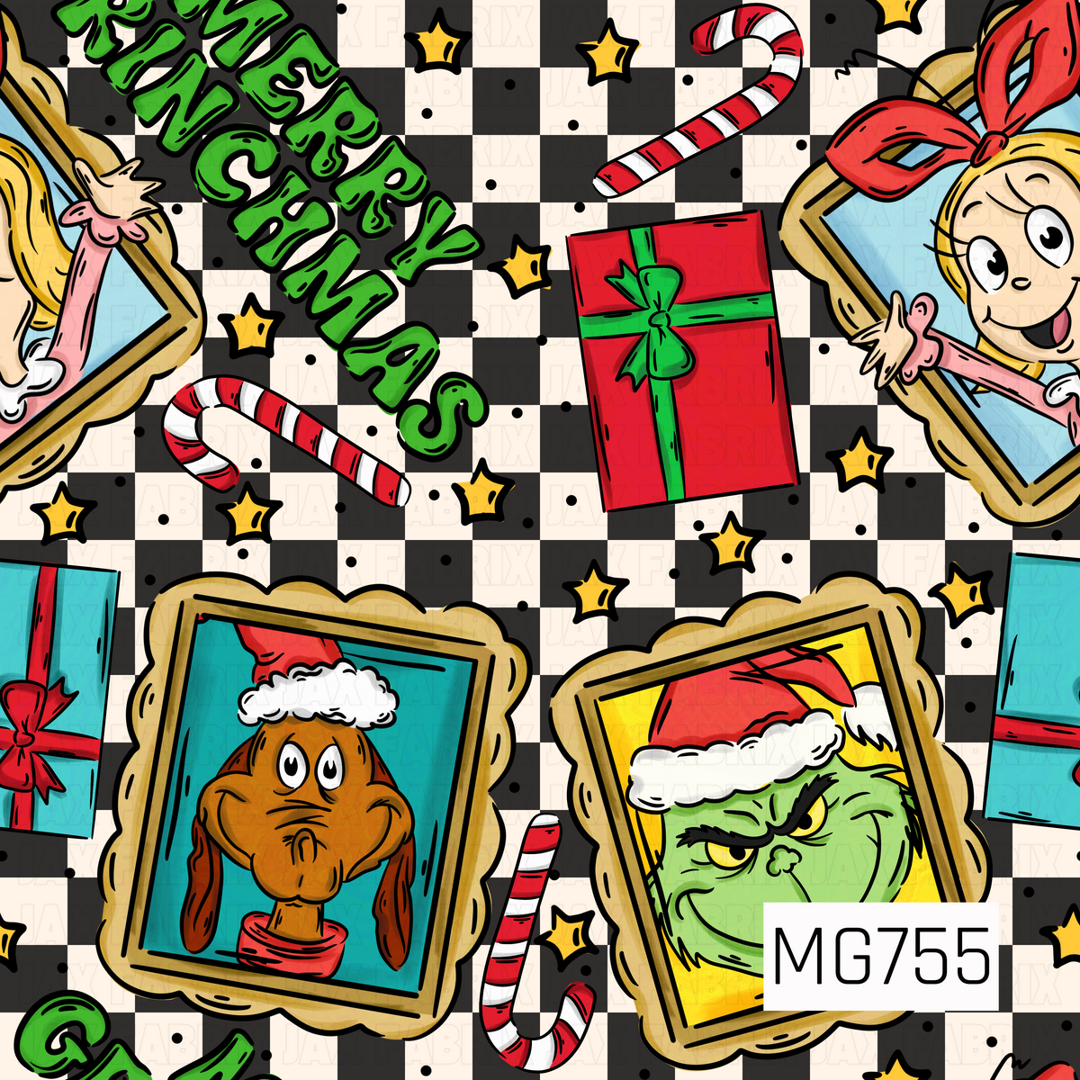 A playful Christmas seamless design featuring whimsical holiday characters displayed in ornate gold picture frames, scattered across a bold black and cream checkerboard background. Bright red and green presents, striped candy canes, yellow stars, and scattered black dots add festive details, while bold green “Merry Christmas” lettering completes this fun, colorful holiday print.