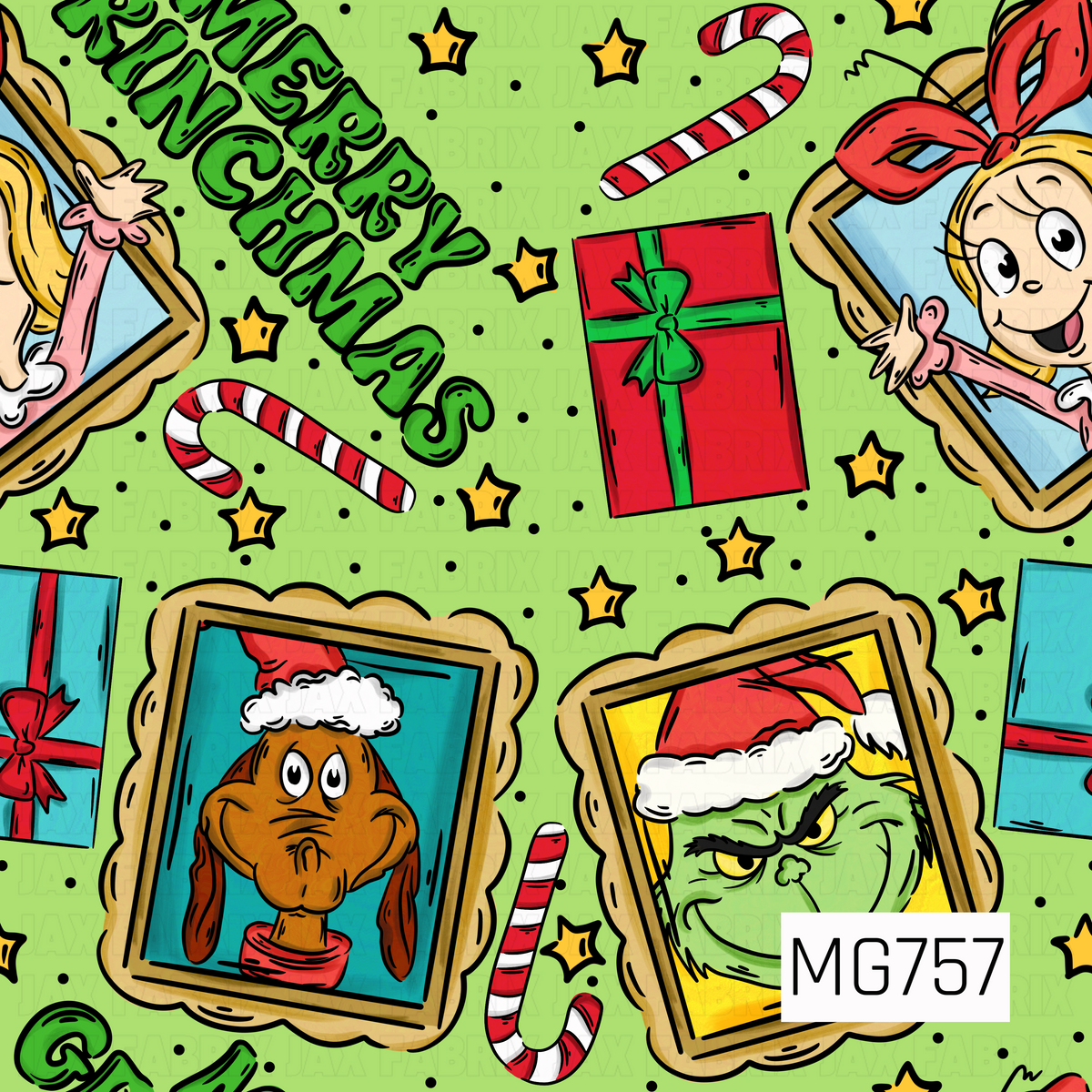 A playful Christmas seamless design featuring whimsical holiday characters displayed in ornate gold picture frames, including a mischievous green character, a festive brown dog, and a cheerful blonde girl with a red bow. Bright red and green presents, striped candy canes, yellow stars, and bold green “Merry Christmas” lettering are scattered across a vibrant lime green background with tiny black polka dots, creating a fun and colorful holiday print.