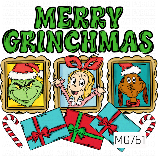 A festive Christmas PNG design featuring the phrase “Merry Grinchmas” in bold, whimsical green lettering. Three decorative gold frames showcase a mischievous green holiday character, a cheerful blonde girl with a large red bow, and an adorable brown dog wearing a Santa hat. Colorful red and turquoise wrapped presents with oversized bows and striped candy canes complete this playful holiday design.