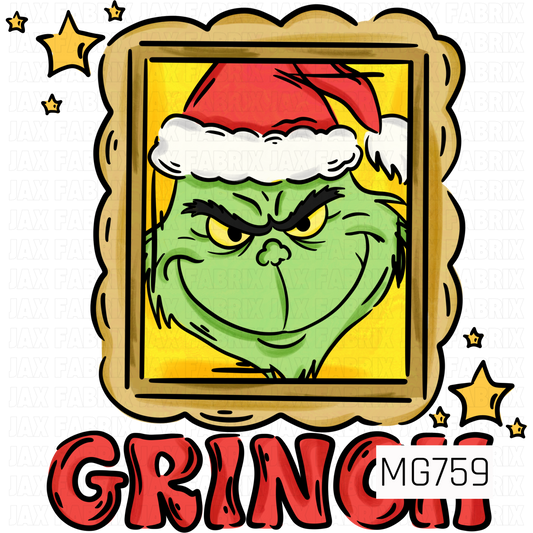 A whimsical Christmas PNG design featuring a mischievous green holiday character wearing a red Santa hat, displayed inside an ornate gold picture frame with a bright yellow background. Scattered golden stars add a festive touch, while bold, distressed red lettering spelling “GRINCH” completes this playful holiday design, perfect for Christmas shirts, accessories, and seasonal crafts.