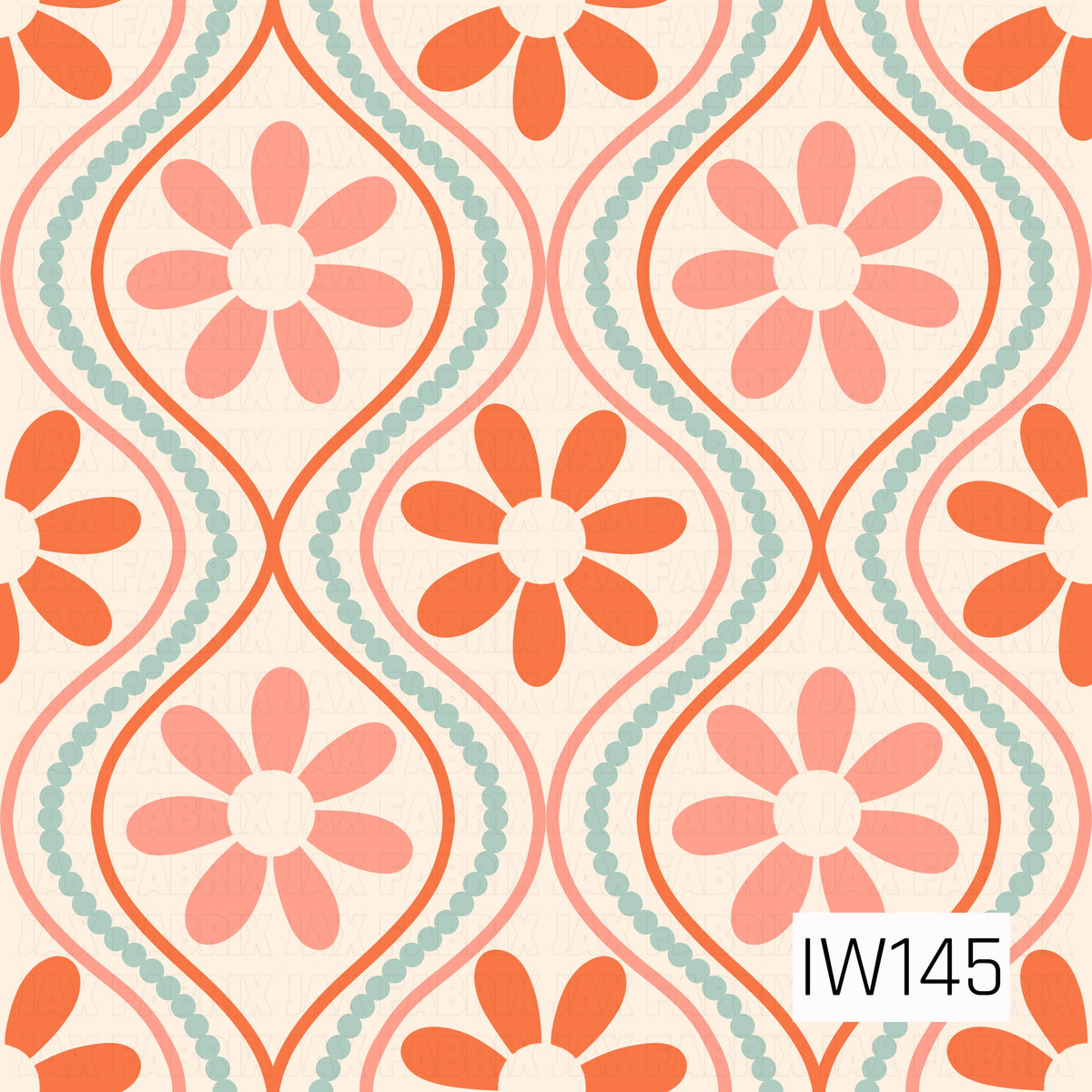 A playful retro floral pattern featuring oversized peach and vibrant orange daisies with soft ivory centers, surrounded by flowing scalloped frames in coral and orange. Delicate sage green dotted accents follow the wavy outlines, creating a charming geometric design against a warm cream background. The repeating floral arrangement gives this print a fun, groovy, vintage-inspired feel.