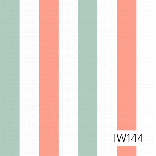 A fresh and playful seamless stripe pattern featuring wide vertical bands of soft sage green, warm peachy coral, and crisp white. The evenly spaced stripes create a clean, retro-inspired design with a cheerful, summery feel. Perfect for coordinating with groovy florals and colorful prints.