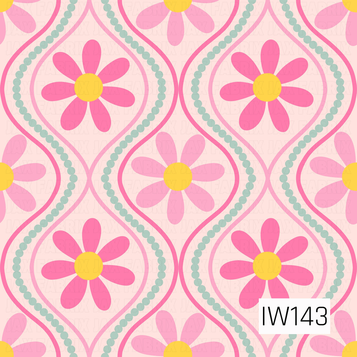 A playful retro floral pattern featuring oversized pink daisies with sunny yellow centers, surrounded by flowing hot pink scalloped frames and soft sage green dotted accents. Set against a pale blush pink background, the repeating wavy design creates a fun, groovy look with a charming vintage-inspired feel.