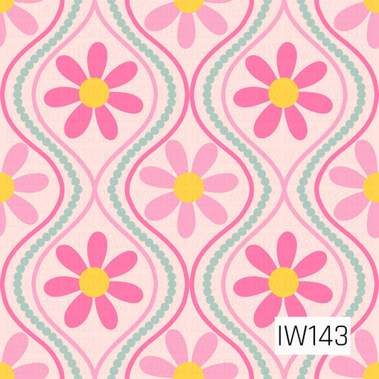 A playful retro floral pattern featuring oversized pink daisies with sunny yellow centers, surrounded by flowing hot pink scalloped frames and soft sage green dotted accents. Set against a pale blush pink background, the repeating wavy design creates a fun, groovy look with a charming vintage-inspired feel.