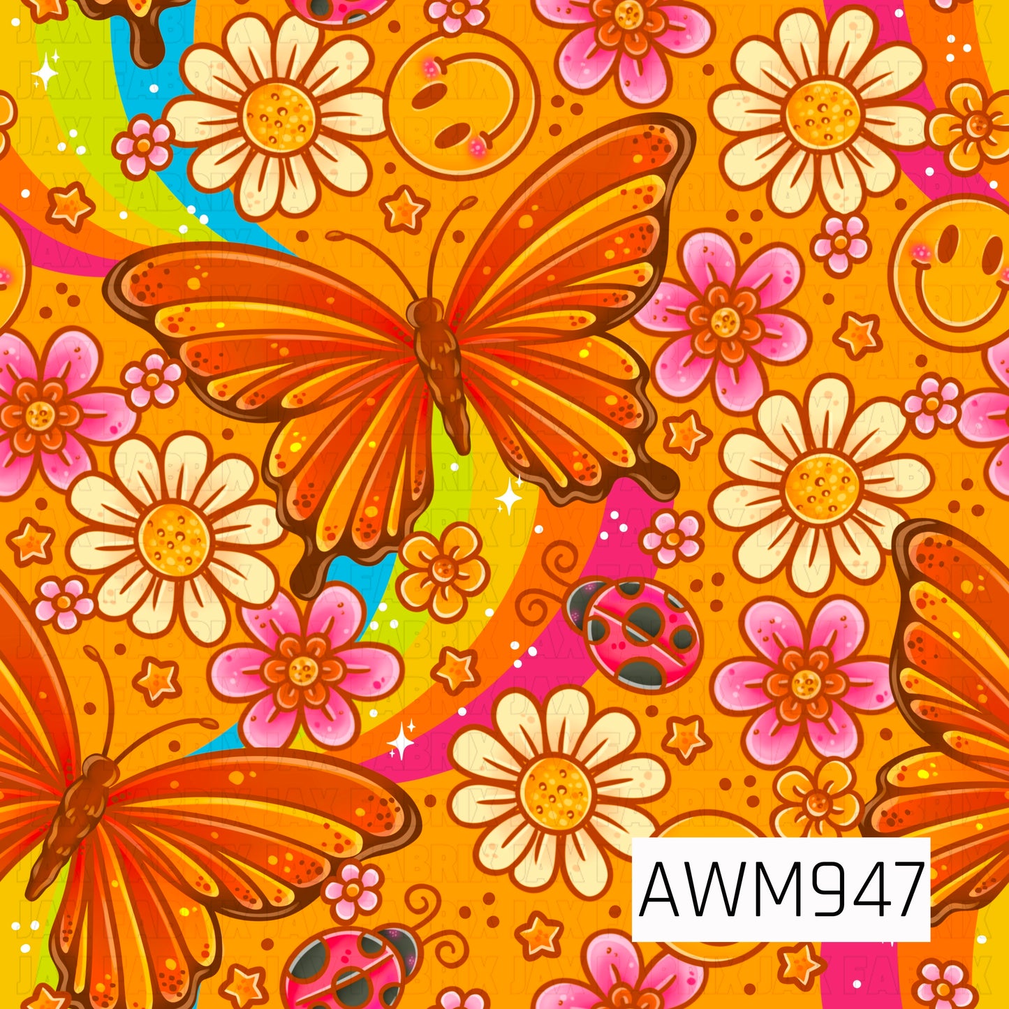 A cheerful seamless fabric design featuring vibrant orange butterflies, white daisies, pink flowers, rainbow accents, ladybugs, and whimsical smiley faces. The bold palette of orange, pink, yellow, and turquoise creates a bright retro garden aesthetic full of playful charm, perfect for quilting cotton, apparel fabrics, and handmade sewing projects.
