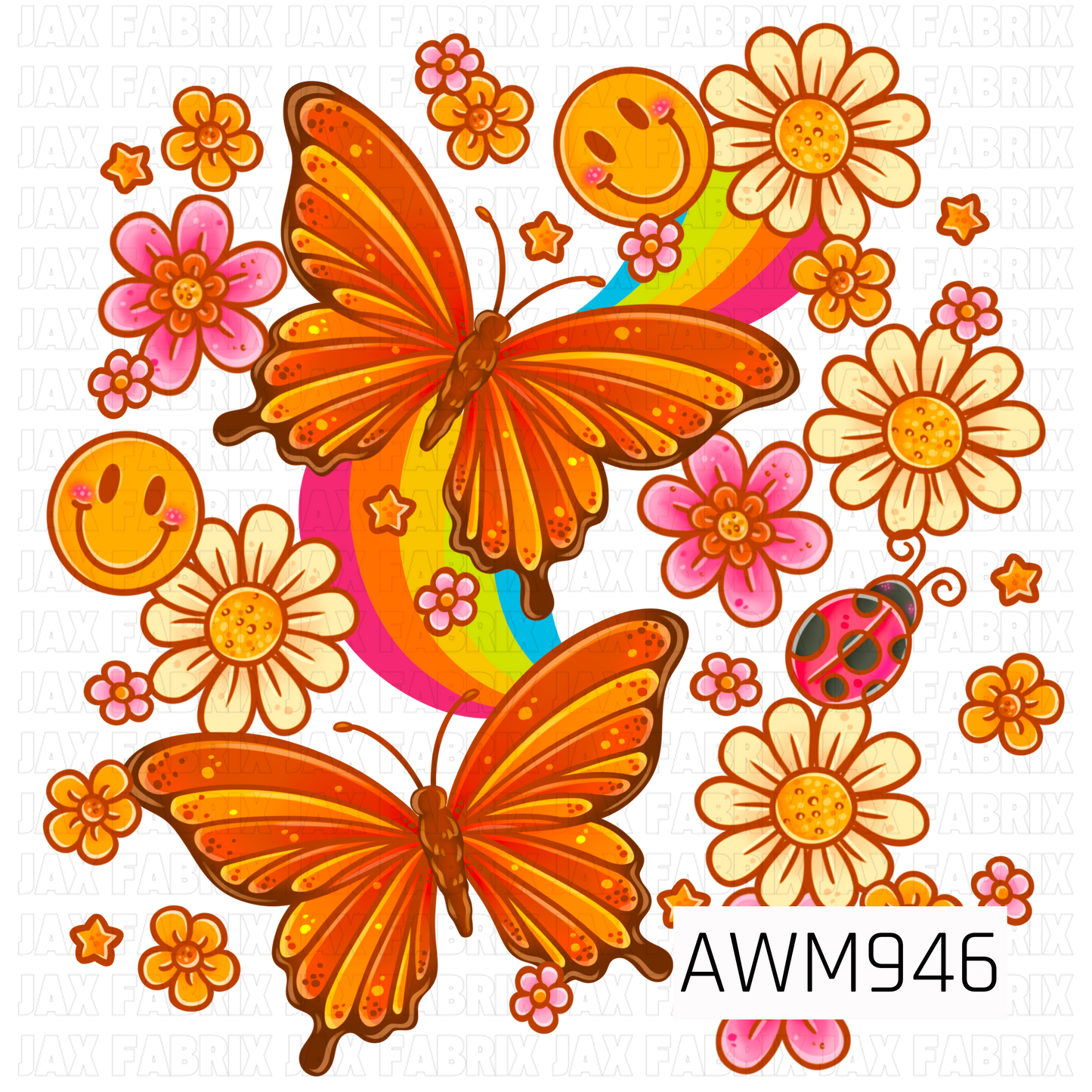 *A cheerful fabric design featuring vibrant orange butterflies, white daisies, pink flowers, rainbow accents, smiley faces, and ladybugs. The bright palette of orange, yellow, pink, and turquoise creates a playful retro floral aesthetic full of warmth and charm, perfect for quilting cotton, apparel fabrics, and handmade sewing projects.*
