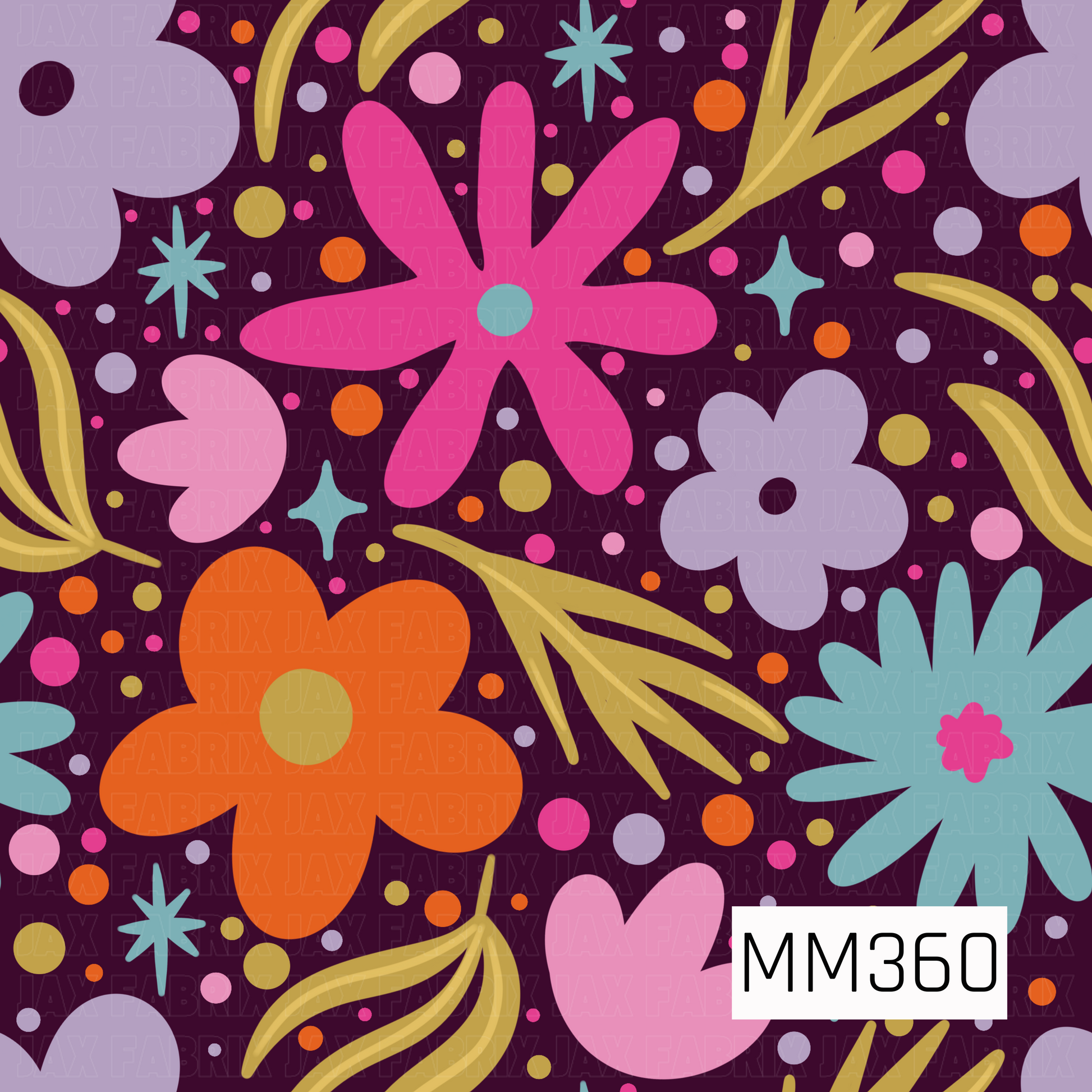 A colorful retro floral pattern with bold pink, orange, teal, and lavender flowers, yellow leaves, and dots on a dark purple background.