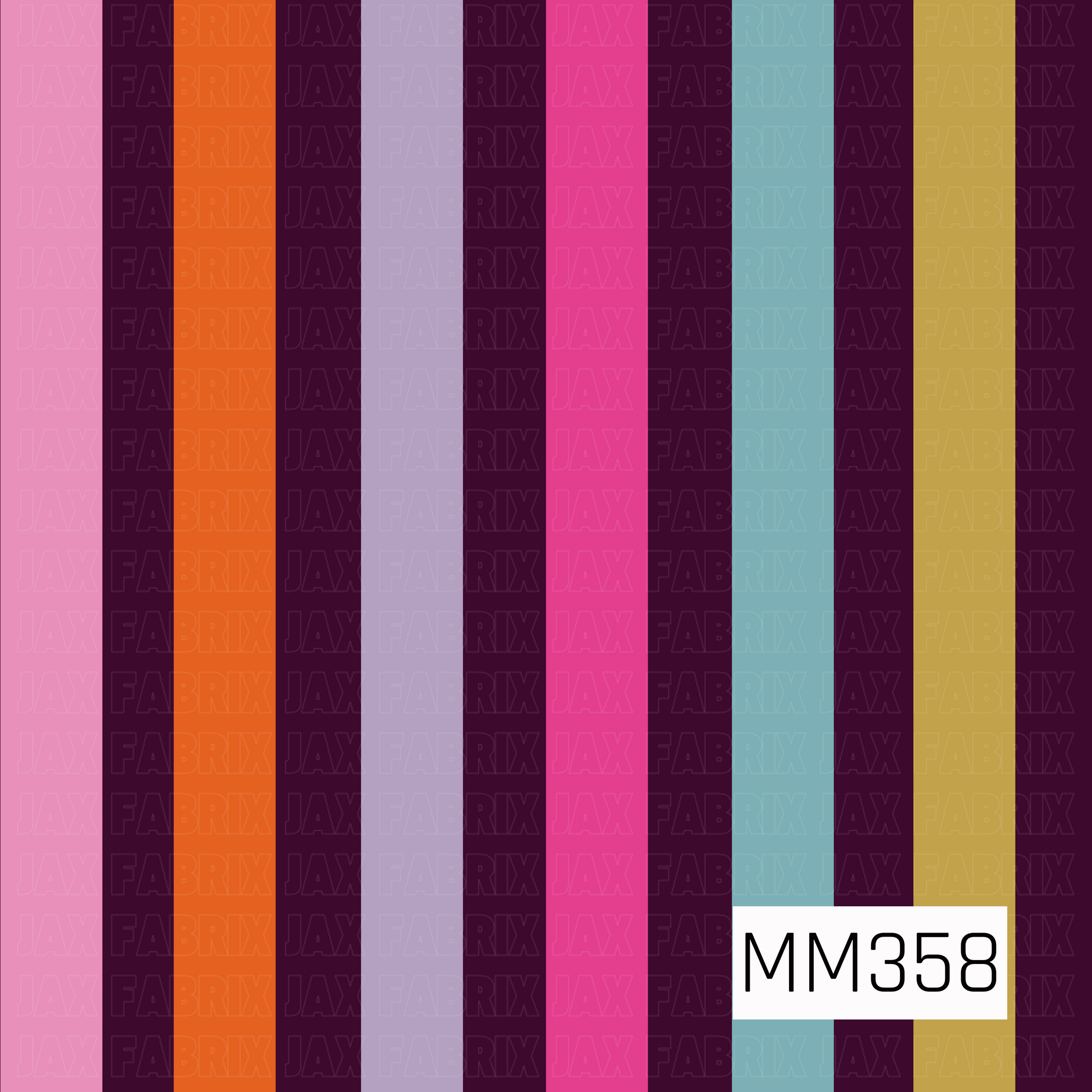 A vertical striped color swatch pattern with multiple solid color bands including pink, orange, lavender, magenta, teal, and mustard yellow on a dark purple background. 