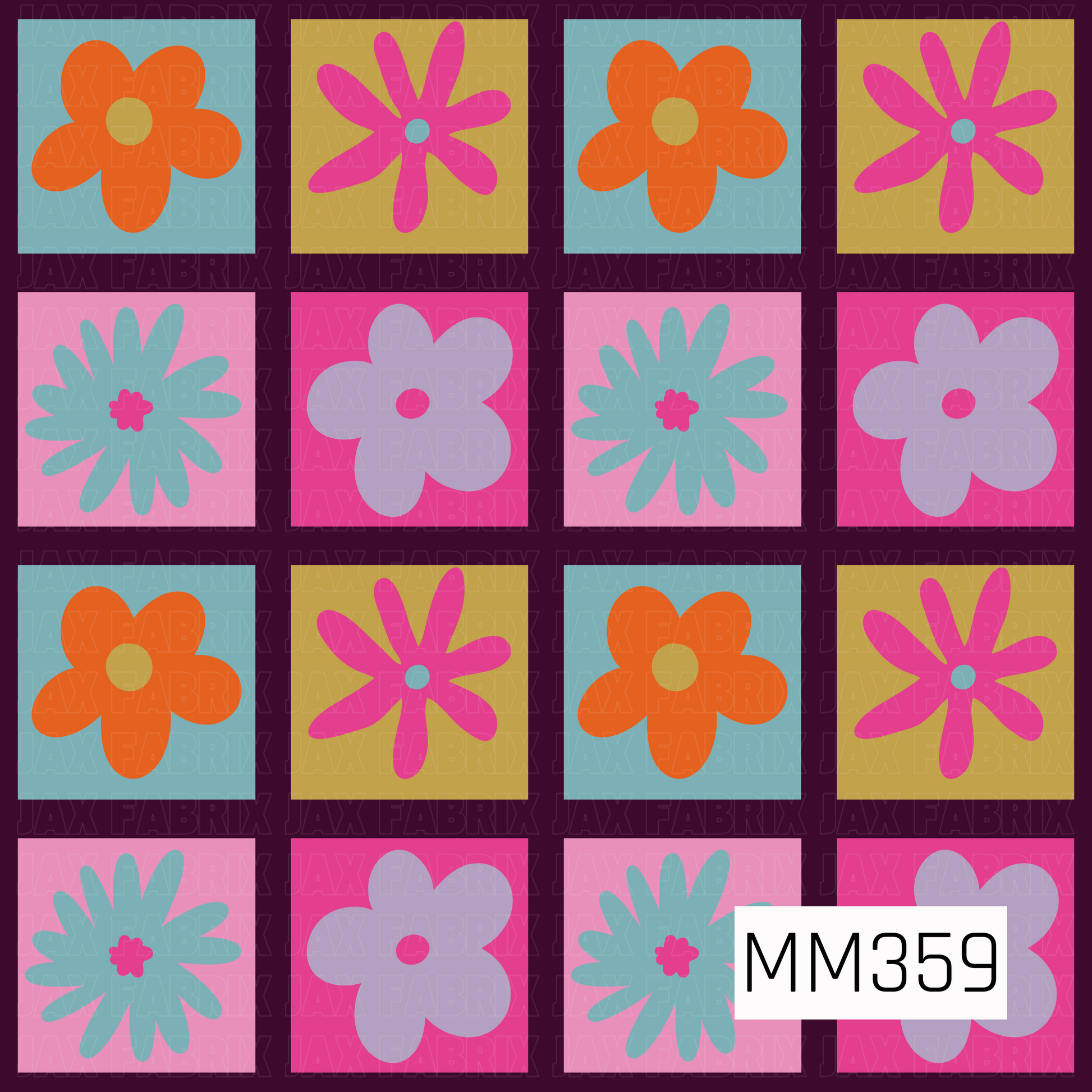A repeating floral quilt pattern featuring 16 square panels in a 4x4 grid. The design includes alternating flowers in orange, pink, light purple, and light blue on yellow, teal, and pink backgrounds, separated by dark purple stitched borders.