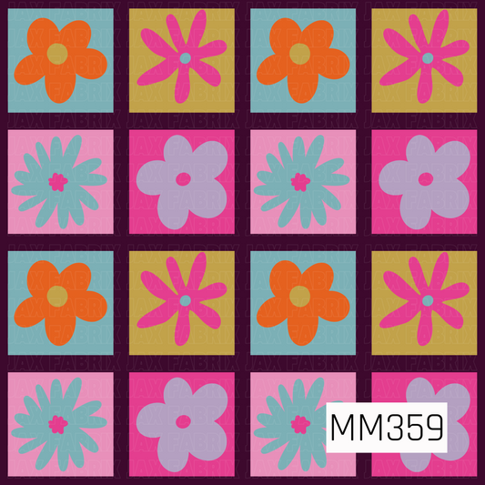 A repeating floral quilt pattern featuring 16 square panels in a 4x4 grid. The design includes alternating flowers in orange, pink, light purple, and light blue on yellow, teal, and pink backgrounds, separated by dark purple stitched borders.