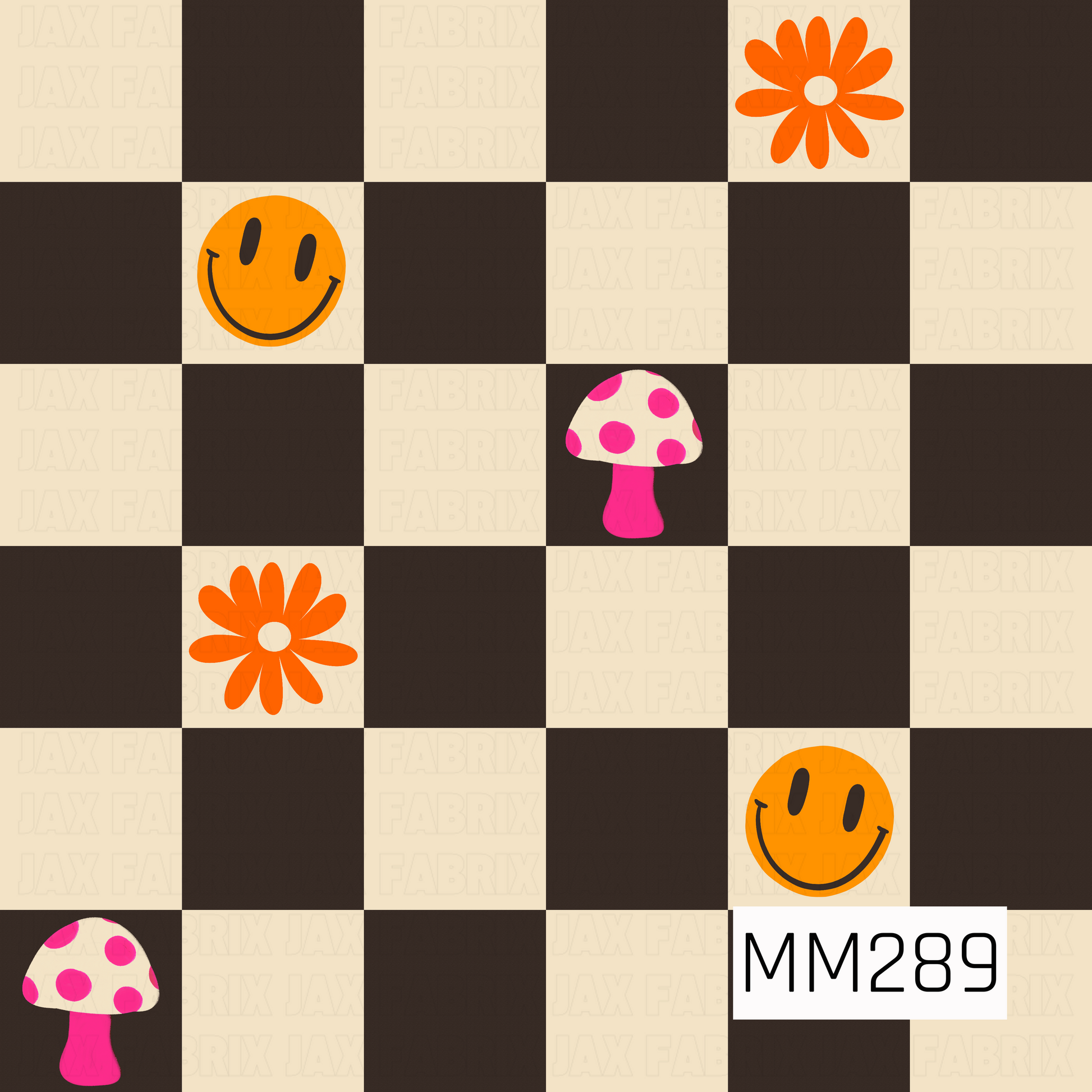 A playful retro checkerboard design featuring alternating chocolate brown and cream squares accented with bright orange smiley faces, groovy daisy flowers, and pink polka-dot mushrooms. The bold color palette and whimsical motifs create a fun 70s-inspired aesthetic full of cheerful, vintage charm.
