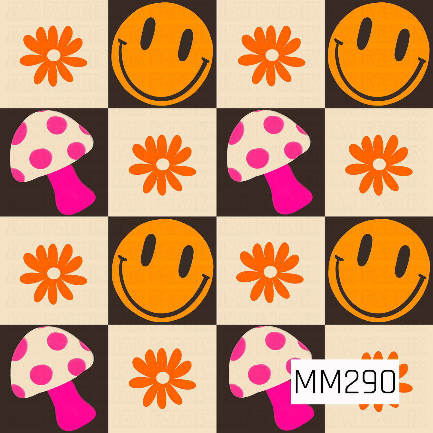 A bold retro checkerboard print featuring alternating chocolate brown and cream squares filled with cheerful orange smiley faces, groovy daisy flowers, and whimsical pink polka-dot mushrooms. The playful mix of bright colors and vintage-inspired icons creates a fun, nostalgic design with a classic 70s vibe.
