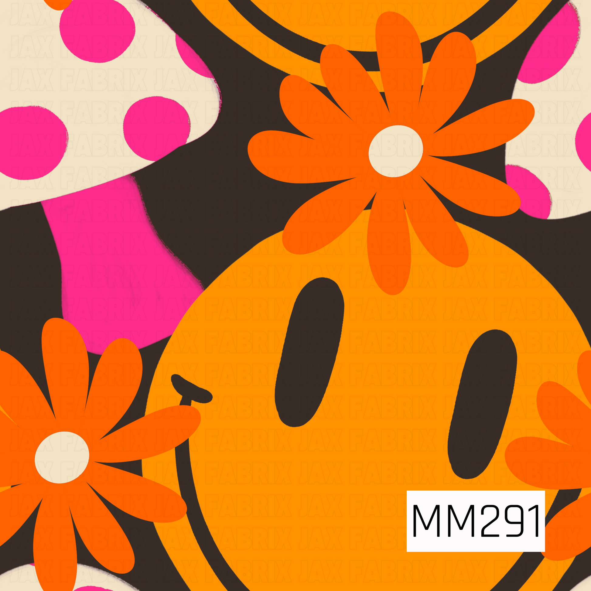 A bold oversized retro print featuring cheerful orange smiley faces, bright orange daisy flowers, and whimsical cream mushrooms with hot pink polka dots. Set against a rich chocolate brown background, the large-scale design creates a playful groovy aesthetic inspired by classic 70s style with a fun, modern twist.
