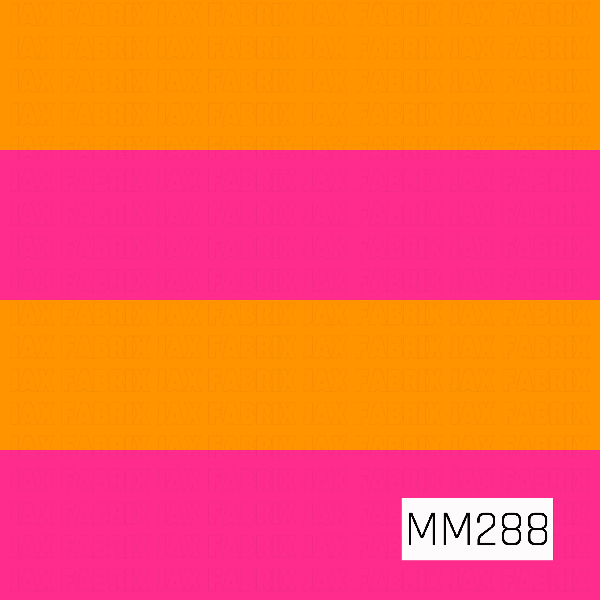 A bold retro stripe design featuring wide horizontal bands of vibrant hot pink and bright orange. The simple color-block layout creates a fun, groovy aesthetic inspired by vintage 70s style, making it a versatile coordinating print for playful, colorful collections.

