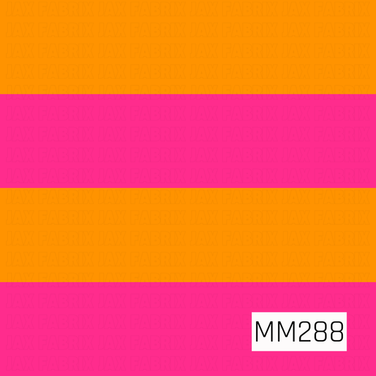A bold retro stripe design featuring wide horizontal bands of vibrant hot pink and bright orange. The simple color-block layout creates a fun, groovy aesthetic inspired by vintage 70s style, making it a versatile coordinating print for playful, colorful collections.
