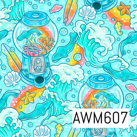 A playful ocean-inspired seamless design featuring manta rays swimming through crashing turquoise waves, retro fishbowl aquariums filled with coral, colorful rainbows, seashells, starfish, bubbles and tiny sea creatures.
Perfect for fabric, swimwear, children’s clothing, bows, bags, blankets and other colorful ocean or summer-themed projects.