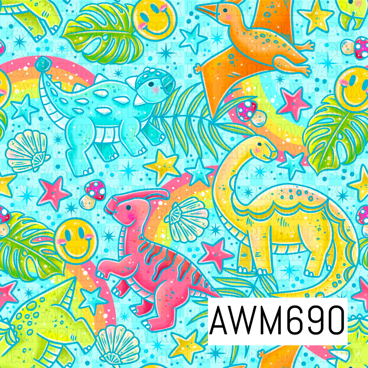 A bright prehistoric seamless design featuring playful colorful dinosaurs surrounded by tropical leaves, rainbows, seashells, smiley faces, mushrooms, stars, and sparkles. Vibrant turquoise, pink, orange, yellow, and lime tones pop against a light aqua blue background.