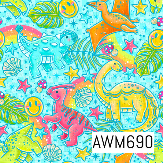 A bright prehistoric seamless design featuring playful colorful dinosaurs surrounded by tropical leaves, rainbows, seashells, smiley faces, mushrooms, stars, and sparkles. Vibrant turquoise, pink, orange, yellow, and lime tones pop against a light aqua blue background.