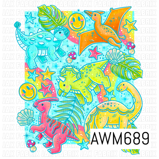 A bright prehistoric PNG featuring playful colorful dinosaurs surrounded by tropical leaves, rainbows, seashells, smiley faces, mushrooms, stars, and sparkles. Vibrant turquoise, pink, orange, yellow, and lime tones create a fun, colorful retro look.