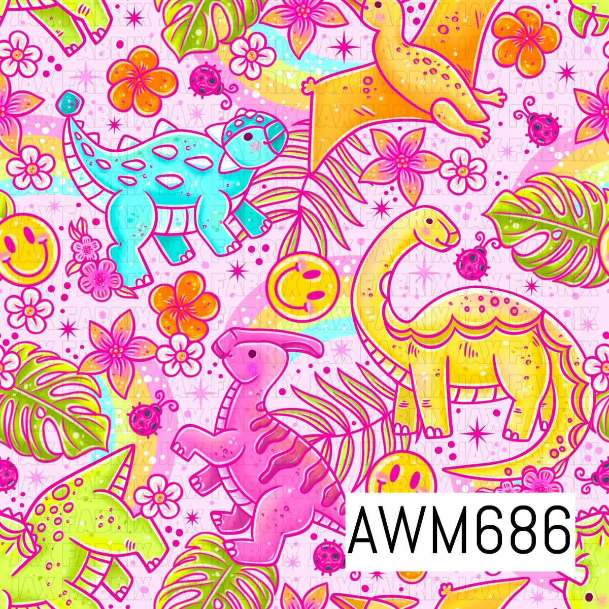 A bright prehistoric seamless design featuring colorful dinosaurs surrounded by tropical leaves, vibrant florals, rainbows, smiley faces, ladybugs, stars, and playful accents. Bold turquoise, hot pink, lime green, orange, and yellow pop against a soft pastel pink background.