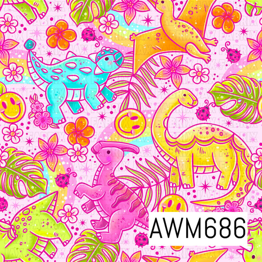A bright prehistoric seamless design featuring colorful dinosaurs surrounded by tropical leaves, vibrant florals, rainbows, smiley faces, ladybugs, stars, and playful accents. Bold turquoise, hot pink, lime green, orange, and yellow pop against a soft pastel pink background.