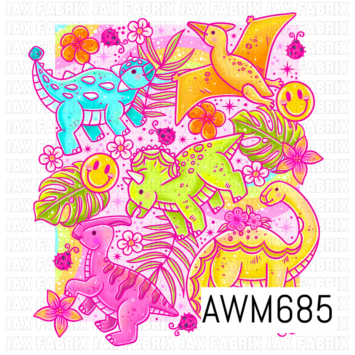 A bright prehistoric PNG featuring playful colorful dinosaurs surrounded by tropical leaves, vibrant flowers, smiley faces, ladybugs, stars, and rainbow accents. Bold turquoise, hot pink, lime green, orange, and yellow create a fun tropical retro look.