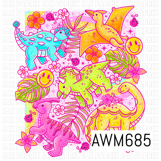A bright prehistoric PNG featuring playful colorful dinosaurs surrounded by tropical leaves, vibrant flowers, smiley faces, ladybugs, stars, and rainbow accents. Bold turquoise, hot pink, lime green, orange, and yellow create a fun tropical retro look.