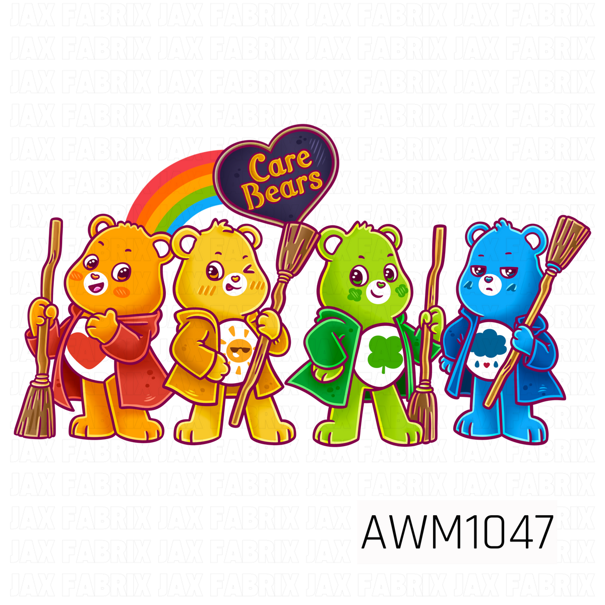 A colorful Care Bears PNG featuring four adorable bears dressed in Hogwarts-inspired robes, each holding a broomstick. The bears are dressed in red, yellow, green, and blue house colors, with their signature belly symbols and playful expressions. A bright rainbow arches behind them, while a heart-shaped Care Bears sign adds a whimsical finishing touch to this magical, nostalgic design.