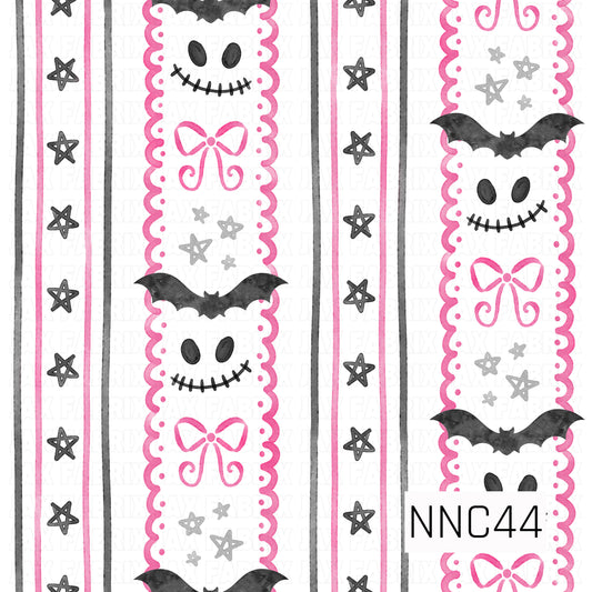 A playful Halloween stripe pattern featuring spooky stitched smiles, black bats, hand-drawn stars, and whimsical pink bows. Scalloped pink borders, black and pink stripes, and watercolor-style details create a cute mix of spooky and girly Halloween elements.
