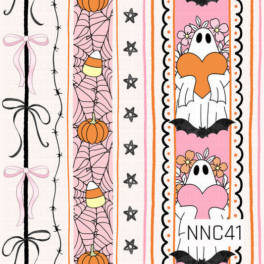 A playful Halloween stripe pattern featuring sweet ghosts holding oversized hearts, floral accents, bats, pumpkins, candy corn, spiderwebs, hand-drawn stars, and delicate ribbon bows. Shades of pink, orange, black, and soft neutrals give it a cute and whimsical spooky-season feel.
