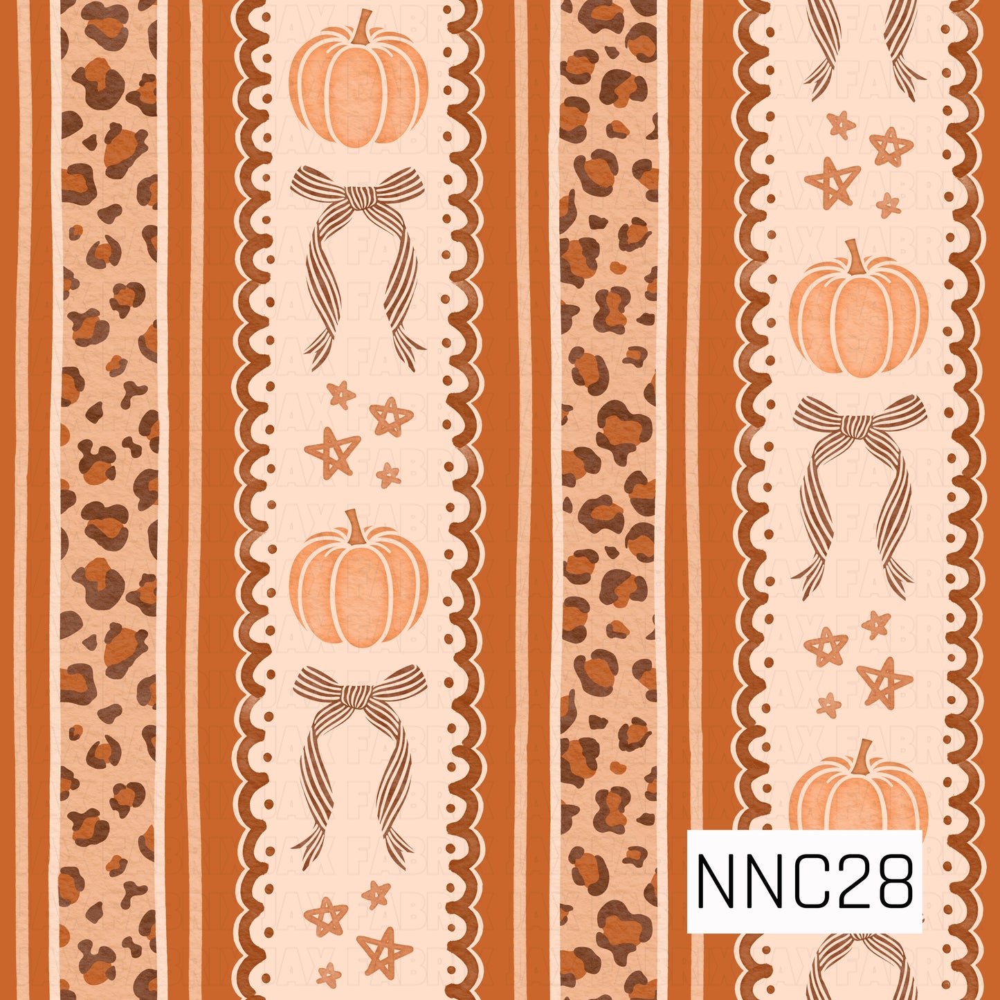A playful textured stripe pattern featuring alternating bands of burnt-orange leopard print and cream scalloped panels decorated with pumpkins, striped bows, and hand-drawn stars in warm autumn tones.
