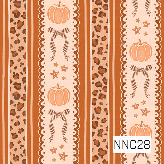 A playful textured stripe pattern featuring alternating bands of burnt-orange leopard print and cream scalloped panels decorated with pumpkins, striped bows, and hand-drawn stars in warm autumn tones.
