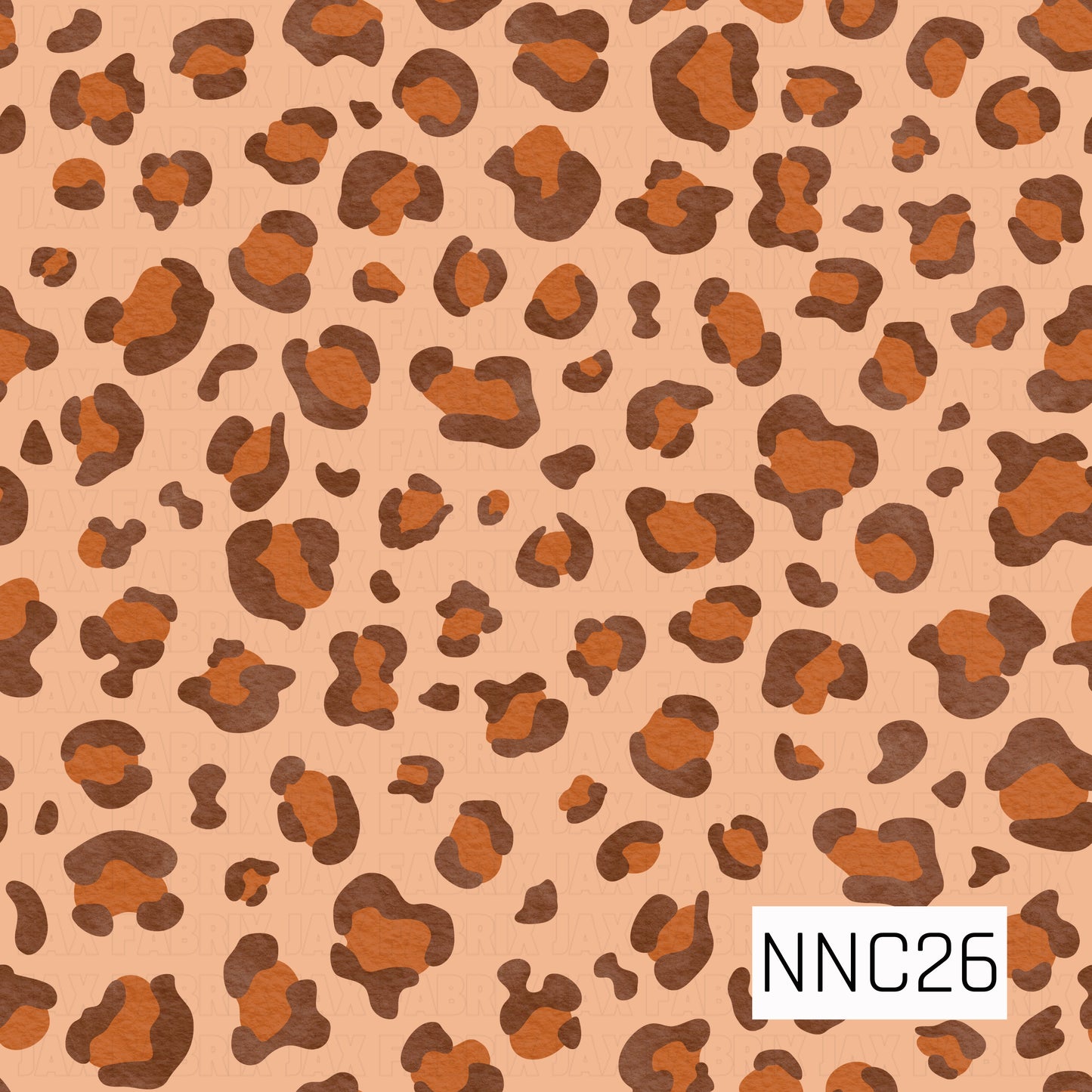 A bold, textured leopard-print pattern featuring irregular chocolate-brown and burnt-orange spots scattered across a warm peach background.
