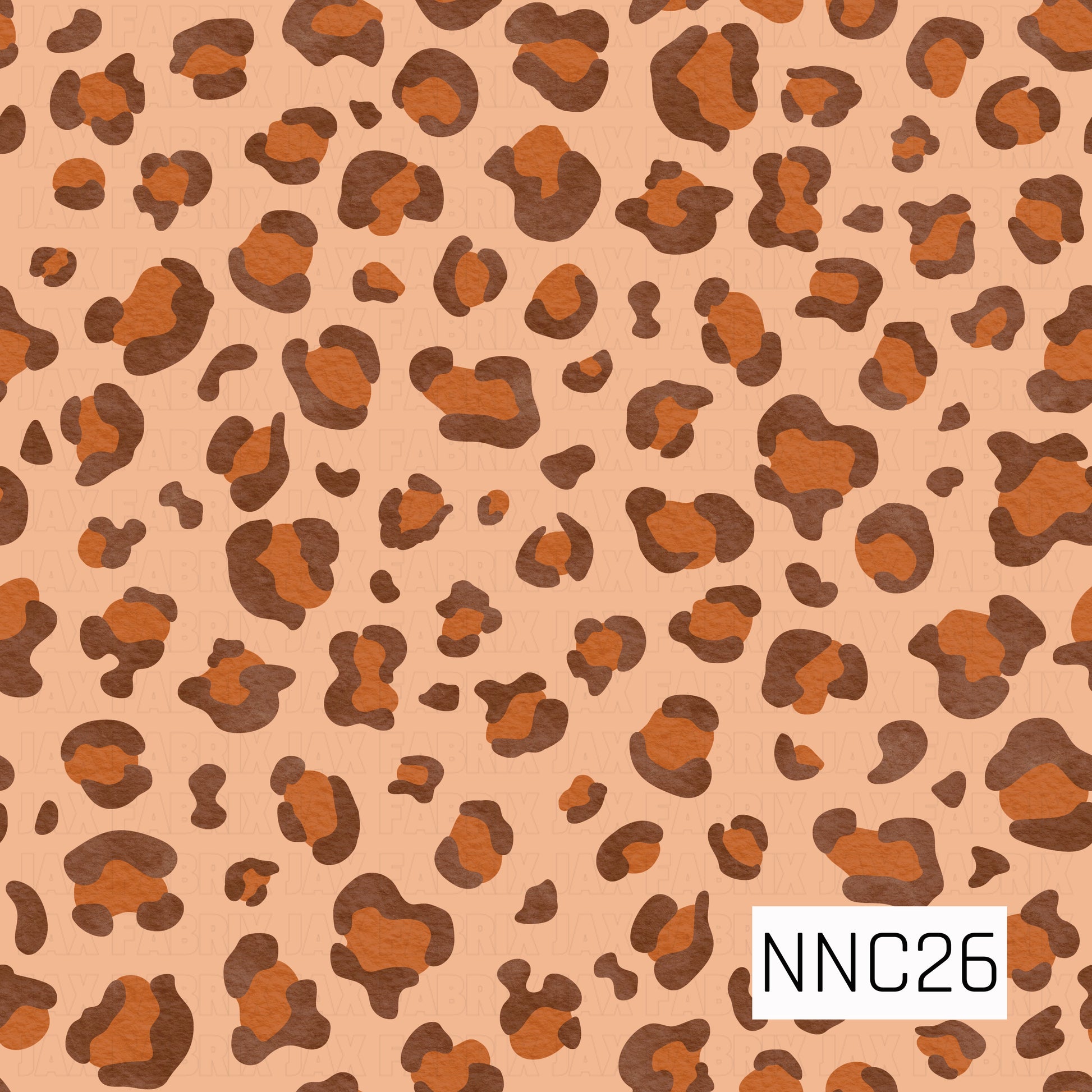 A bold, textured leopard-print pattern featuring irregular chocolate-brown and burnt-orange spots scattered across a warm peach background.
