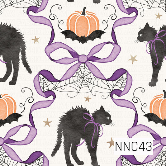 A whimsical Halloween pattern featuring vintage-style black cats tied with purple bows, orange pumpkins, black bats, delicate spiderwebs, swirling vines, and scattered stars. Oversized flowing purple ribbons weave throughout the design, creating a playful spooky look against a soft cream background.
