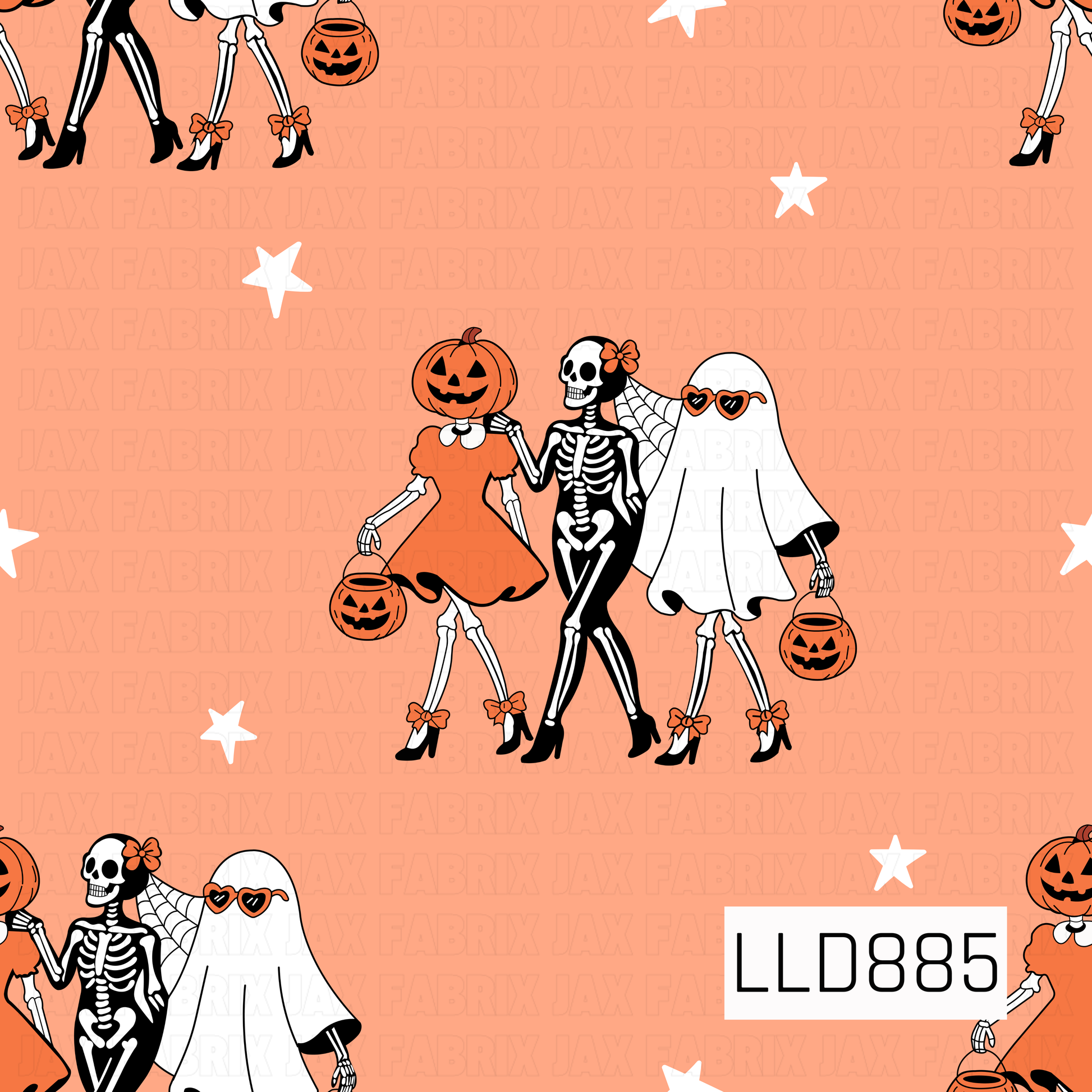 A playful Halloween pattern featuring a stylish trio dressed as a pumpkin, skeleton, and ghost, complete with pumpkin trick-or-treat buckets and fun accessories. White stars are scattered across a warm coral-orange background, giving the design a cute, retro spooky-season feel.
