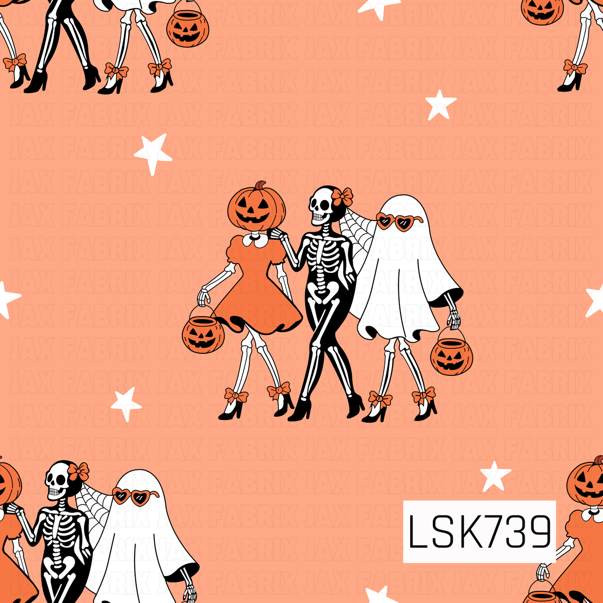 A playful Halloween pattern featuring three stylish spooky friends dressed as a pumpkin, skeleton, and sheet ghost, each carrying a jack-o’-lantern treat bucket. White stars are scattered across a warm peachy-orange background, with fun details like bows, heels, a spiderweb cape, and heart-shaped sunglasses.
