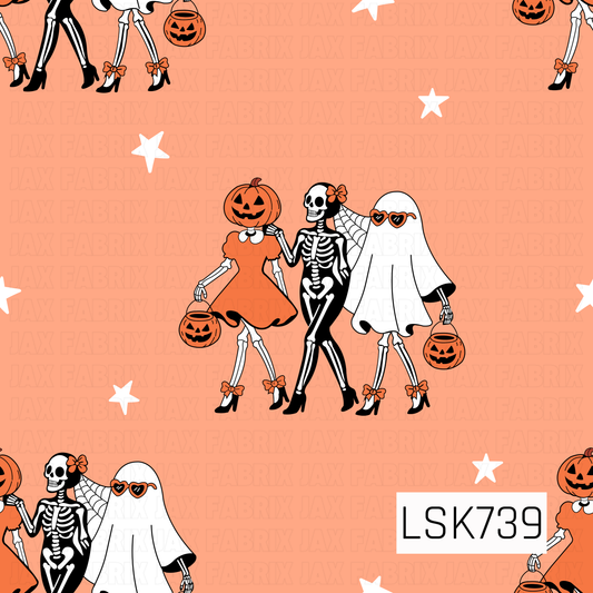 A playful Halloween pattern featuring three stylish spooky friends dressed as a pumpkin, skeleton, and sheet ghost, each carrying a jack-o’-lantern treat bucket. White stars are scattered across a warm peachy-orange background, with fun details like bows, heels, a spiderweb cape, and heart-shaped sunglasses.
