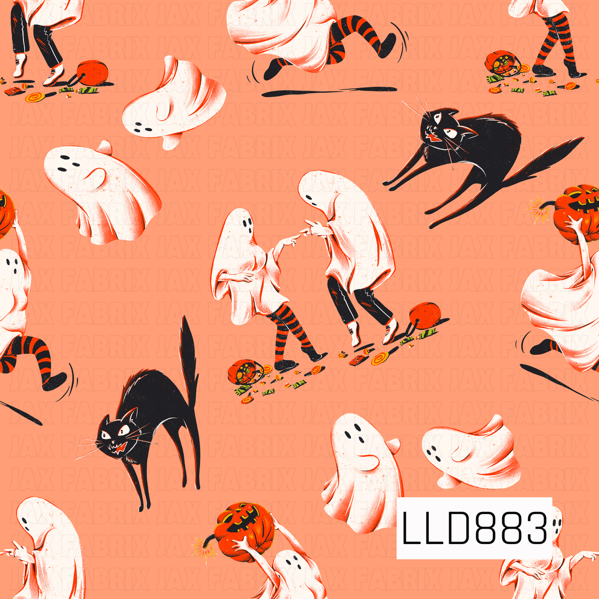 A vintage-inspired Halloween pattern featuring playful sheet ghosts, mischievous black cats, scattered candy, jack-o’-lanterns, and trick-or-treating figures. A warm coral-orange background paired with distressed detailing gives the design a fun retro Halloween feel.
